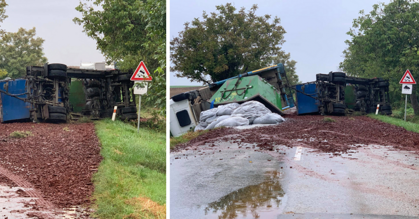 AKTUÁLNE: Cesta zo Šintavy na Vinohrady nad Váhom je neprejazdná. Blokuje ju kamión na vozovke