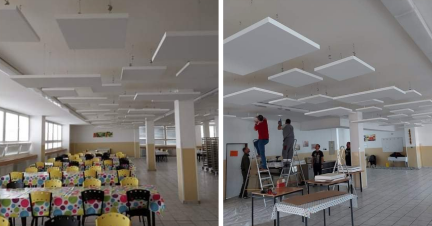V školskej jedálni na ZŠ Komenského znížili hladinu hluku pomocou akustických stropných panelov