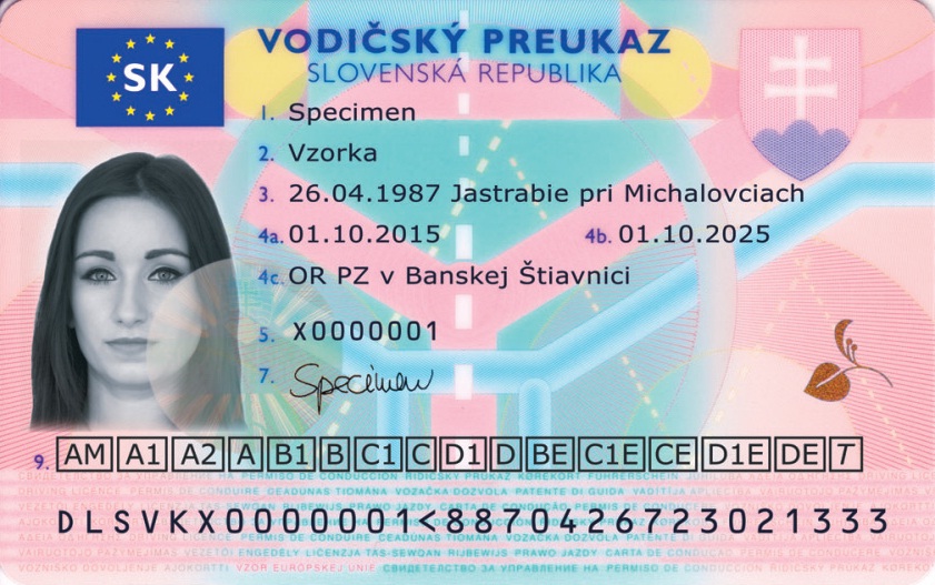 Ukážka vodičského preukazu vydávaného na Slovensku od 16.9.2015. Zdroj: minv.sk