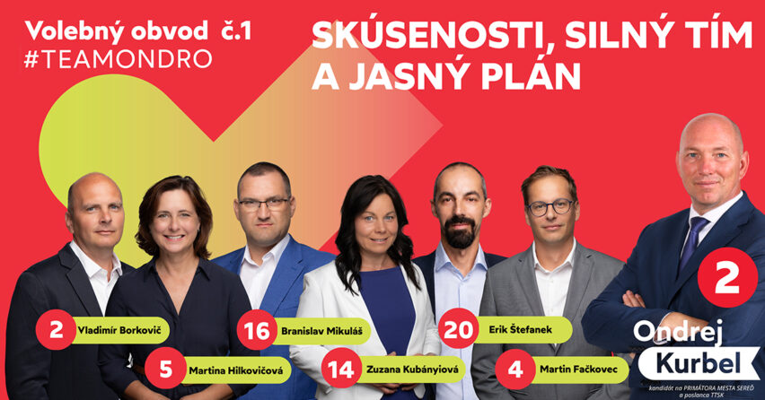 Primátora voliť nestačí. O Seredi rozhodujú aj poslanci. Spoznajte kandidátov na poslancov z Teamu Ondro pre volebný obvod č.1